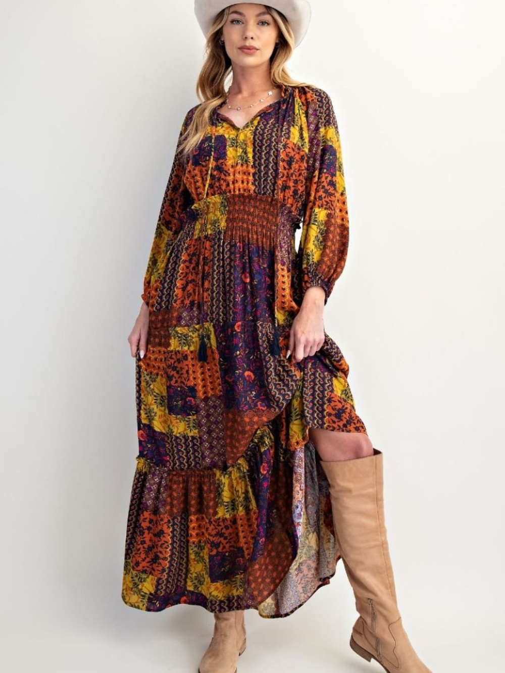 Easel Floral Print Patchwork Neck Tie Pockets Maxi Dress